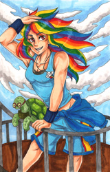 Size: 1091x1701 | Tagged: safe, artist:fir3h34rt, derpibooru import, rainbow dash, tank, human, armpits, belly button, clothes, humanized, midriff, necklace, shorts, solo, tanktop, traditional art, windswept hair