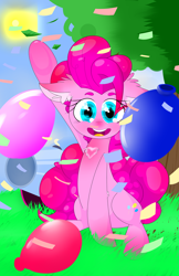 Size: 1024x1583 | Tagged: safe, artist:resonent-chaos, pinkie pie, earth pony, pony, balloon, confetti, looking at you, smiling, tree