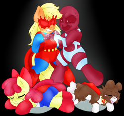 Size: 2275x2125 | Tagged: safe, artist:blackbewhite2k7, apple bloom, applejack, winona, earth pony, pony, app-el, commission, crossover, fight, heat vision, parasite, ponified, sparks, supergirl, superman, supermare, unconscious