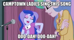 Size: 823x450 | Tagged: safe, screencap, princess celestia, princess luna, principal celestia, vice principal luna, equestria girls, friendship games, camptown races, dancing, image macro, meme, open mouth, smiling, song reference