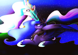 Size: 4000x2828 | Tagged: safe, artist:minelvi, princess celestia, princess luna, alicorn, pony, eyes closed, magic, night, open mouth, prone, spread wings, stars