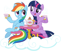 Size: 8000x6732 | Tagged: safe, artist:lahirien, derpibooru import, rainbow dash, twilight sparkle, twilight sparkle (alicorn), alicorn, pegasus, pony, absurd resolution, cloud, cup, cute, dashabetes, duo, female, food, seat, simple background, sitting, smiling, table, tea, tea party, teacup, teapot, transparent background, twiabetes, vector