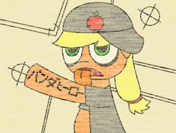 Size: 530x400 | Tagged: safe, artist:psychovdude13x, applejack, earth pony, pony, gumi, hat, japanese, solo, tongue out, traditional art, vocaloid