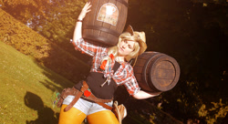 Size: 1280x696 | Tagged: safe, artist:glasmond, applejack, human, applebucking thighs, barrel, carrying, clothes, cosplay, custom, defictionalization, galacon, irl, irl human, pantyhose, photo, solo