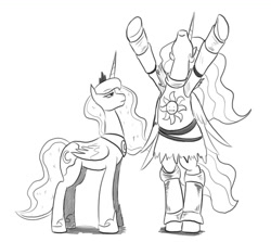 Size: 1121x999 | Tagged: safe, artist:mistermech, princess celestia, princess luna, alicorn, pony, :i, crossover, dark souls, nose in the air, praise the sun, solaire of astora