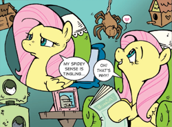 Size: 1087x800 | Tagged: safe, artist:katiecandraw, idw, fluttershy, pegasus, pony, spider, cave troll, cave troll jim, cute, female, fluttershy being fluttershy, heart, magazine, mare, needs more jpeg, picture frame, spider-sense