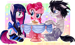 Size: 2200x1330 | Tagged: safe, artist:zorbitas, pinkie pie, earth pony, pony, anarchy stocking, cake, clothes, crossover, death note, dress, female, glare, l, l lawliet, male, mare, panty and stocking with garterbelt, ponified, socks, stallion, table