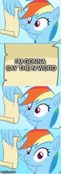 Size: 211x600 | Tagged: safe, derpibooru import, edit, edited screencap, screencap, rainbow dash, pegasus, pony, grannies gone wild, exploitable meme, i'm going to say the n word, i'm gonna say the n-word, meme, n word, racist slur, rainbow dash reading a scroll