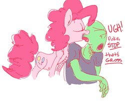 Size: 1253x1005 | Tagged: safe, artist:nobody, pinkie pie, oc, oc:anon, human, behaving like a dog, horses doing horse things, licking