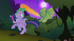 Size: 1054x592 | Tagged: safe, derpibooru import, screencap, reginald, spike, twilight sparkle, unicorn twilight, dragon, pony, unicorn, owl's well that ends well, dragons riding ponies, everfree forest, fire, fire breath, moon, night, riding, running, spread wings, wings