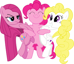 Size: 5940x5135 | Tagged: safe, artist:icy wings, pinkie pie, surprise, earth pony, pony, g1, g4, absurd resolution, alternate design, alternate universe, g1 to g4, generation leap, group hug, hug, pinkamena diane pie, self ponidox, simple background, transparent background, trinity pie, vector