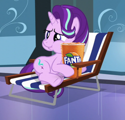 Size: 508x485 | Tagged: safe, edit, edited screencap, screencap, starlight glimmer, pony, unicorn, the crystalling, cropped, fanta, female, lounge chair, mare, product placement, solo