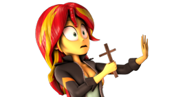 Size: 2044x1150 | Tagged: safe, artist:flushthebatsanta, sunset shimmer, equestria girls, 3d, christian sunset shimmer, christianity, cross, jontron, nope, out of this house, outta this house, reaction image, religion, takeshi's challenge