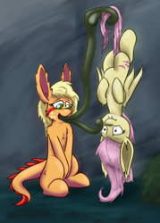 Size: 640x896 | Tagged: safe, artist:kwendynew, derpibooru import, applejack, fluttershy, bat pony, monster pony, original species, tatzlpony, flutterbat, hung upside down, tatzljack, tentacle tongue, tentacles, upside down