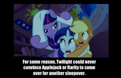 Size: 812x525 | Tagged: safe, edit, edited screencap, screencap, applejack, rarity, twilight sparkle, unicorn twilight, earth pony, pony, unicorn, look before you sleep, female, hug, imminent rape, lidded eyes, mare, scared, screaming, text, this will end in tears, tonight you