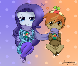 Size: 1703x1446 | Tagged: safe, artist:emeriwatson, button mash, rarity, equestria girls, anime, apple juice, clothes, equestria girls-ified, female, heart, juice, juice box, male, rarimash, scarf, shared clothing, shared scarf, shipping, straight, sweater