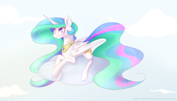 Size: 2800x1600 | Tagged: safe, artist:mp-printer, princess celestia, alicorn, pony, cloud, prone, relaxing, solo