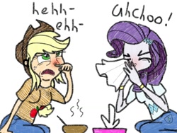 Size: 1024x768 | Tagged: safe, artist:rare-rarity-fan, applejack, rarity, human, cold, duo, humanized, nose blowing, nostril flare, pre sneeze, sick, sneezing, sneezing fetish, soup, tissue, tissue box