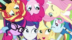 Size: 1280x718 | Tagged: safe, screencap, applejack, fluttershy, pinkie pie, rainbow dash, rarity, sci-twi, sunset shimmer, twilight sparkle, dance magic, equestria girls, spoiler:eqg specials, cute, female, glasses, group, group shot, huddle, humane five, humane seven, humane six, one eye closed, open mouth, smiling, wink