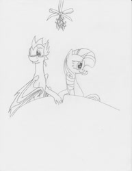 Size: 786x1017 | Tagged: safe, artist:paranormalpinkie, rarity, spike, dragon, pony, unicorn, blushing, female, holding hooves, male, mistletoe, older, older spike, shipping, sparity, straight, traditional art, winged spike