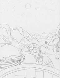 Size: 786x1017 | Tagged: safe, artist:paranormalpinkie, rarity, spike, dragon, pony, unicorn, clothes, female, kissing, male, older, older spike, shipping, sparity, straight, traditional art, winged spike