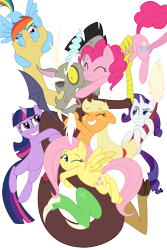 Size: 5652x8444 | Tagged: safe, artist:kired25, artist:mickeymonster, derpibooru import, applejack, discord, fluttershy, pinkie pie, rainbow dash, rarity, twilight sparkle, earth pony, pegasus, pony, unicorn, absurd resolution, cute, discute, eyes closed, female, freckles, gang hape, grin, gritted teeth, group hug, hape, hug, kissing, male, mane six, mare, non-consensual cuddling, one eye closed, raised eyebrow, resistance is futile, simple background, smiling, smirk, spread wings, squee, transparent background, vector, wide eyes, wink