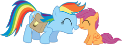 Size: 1500x549 | Tagged: safe, artist:rolin11, derpibooru import, rainbow dash, scootaloo, pegasus, pony, cute, diabetes, eyes closed, nuzzling, saddle bag, scootalove, simple background, transparent background, vector