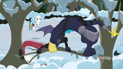 Size: 1136x640 | Tagged: safe, derpibooru import, screencap, discord, rainbow dash, pegasus, pony, best gift ever, crossover, g.i. joe, hasbro, snake eyes, snow, storm shadow, tree branch