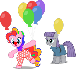 Size: 5751x5228 | Tagged: safe, artist:zacatron94, maud pie, pinkie pie, earth pony, pony, absurd resolution, balancing, balloon, bipedal, clothes, clown, clown nose, cute, diapinkes, female, hoof hold, lidded eyes, mare, open mouth, overalls, pants, rainbow hair, raised leg, simple background, smiling, standing, transparent background, vector, when she smiles