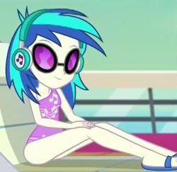 Size: 338x329 | Tagged: safe, derpy hooves, dj pon-3, vinyl scratch, better together, equestria girls, spring breakdown, beach chair, clothes, headphones, lounging, offscreen character, sandals, sitting, sun bathing, sunglasses, swimsuit