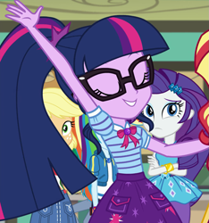 Size: 1013x1080 | Tagged: safe, screencap, applejack, rainbow dash, rarity, sci-twi, sunset shimmer, twilight sparkle, better together, equestria girls, forgotten friendship, bracelet, clothes, cropped, crossed arms, cute, geode of super speed, geode of telekinesis, glasses, jewelry, magical geodes, offscreen character, ponytail, skirt, smiling