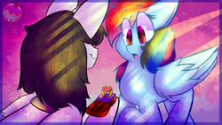 Size: 1920x1080 | Tagged: safe, artist:crazycakesunes, derpibooru import, rainbow dash, oc, oc:shiron, alicorn, pegasus, pony, alicorn oc, blushing, canon x oc, commission, heart eyes, horn, jewelry, marriage proposal, necklace, ring, shinbow, shipping, wedding ring, wingding eyes, wings