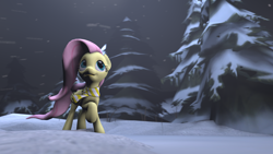 Size: 1920x1080 | Tagged: safe, artist:fd-daylight, fluttershy, pegasus, pony, 3d, clothes, night, scarf, snow, snowfall, solo, source filmmaker, tree, winter