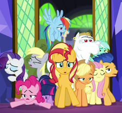 Size: 1046x968 | Tagged: safe, screencap, applejack, bulk biceps, derpy hooves, flash sentry, fluttershy, lyra heartstrings, pinkie pie, rainbow dash, rarity, sci-twi, sunset shimmer, twilight sparkle, earth pony, pegasus, pony, unicorn, better together, equestria girls, spring breakdown, applejack's hat, cowboy hat, cropped, cutie mark, doppelganger, equestria girls ponified, eyes closed, female, hat, humane five, humane seven, humane six, it happened, male, mare, ponified, this will not end well, twilight's castle, unicorn sci-twi, wings