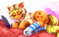 Size: 1086x685 | Tagged: safe, artist:kunshomo, artist:pediastrum, applejack, earth pony, pony, cat ears, cat hoodie, clothes, eyes closed, female, lying down, mare, pillow, sleeping, smiling, socks, solo, stockings, striped socks, thigh highs