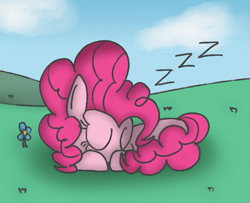 Size: 553x448 | Tagged: safe, artist:mr. rottson, pinkie pie, earth pony, pony, cute, daaaaaaaaaaaw, flower, grass, lying down, outdoors, sky, sleeping, solo, zzz