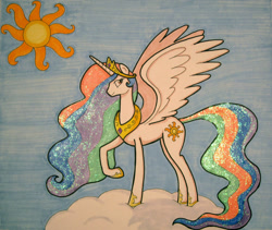 Size: 900x758 | Tagged: safe, artist:katiewhy, princess celestia, alicorn, pony, cloud, solo, sun, traditional art