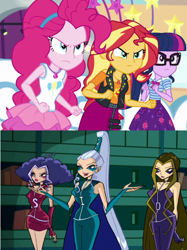 Size: 500x667 | Tagged: safe, editor:earwaxkid, pinkie pie, sci-twi, sunset shimmer, twilight sparkle, equestria girls, equestria girls series, rollercoaster of friendship, angry, clothes, crossover, darcy (winx club), geode of empathy, geode of sugar bombs, geode of telekinesis, hasbro, hasbro studios, icy, magical geodes, rainbow s.r.l, skirt, stormy, tanktop, the trix, winx club