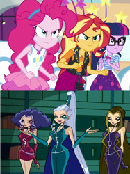 Size: 500x667 | Tagged: safe, editor:earwaxkid, pinkie pie, sci-twi, sunset shimmer, twilight sparkle, better together, equestria girls, rollercoaster of friendship, angry, clothes, crossover, darcy (winx club), geode of empathy, geode of sugar bombs, geode of telekinesis, hasbro, hasbro studios, icy, magical geodes, rainbow s.r.l, skirt, stormy, tanktop, the trix, winx club