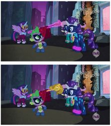 Size: 651x735 | Tagged: safe, derpibooru import, humdrum, masked matter-horn, radiance, rarity, spike, twilight sparkle, twilight sparkle (alicorn), alicorn, dragon, pony, unicorn, power ponies (episode), cane, female, mare, power ponies, twilight scepter