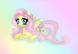 Size: 5207x3612 | Tagged: safe, artist:lunaltaria, fluttershy, pegasus, pony, rabbit, absurd resolution, blushing, prone, solo, spread wings