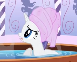 Size: 911x733 | Tagged: safe, screencap, rarity, pony, unicorn, green isn't your color, cropped, head towel, spa, towel, towel on head, water