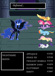 Size: 652x900 | Tagged: safe, artist:drpain, derpibooru import, applejack, fluttershy, nightmare moon, pinkie pie, rainbow dash, rarity, twilight sparkle, earth pony, pegasus, pony, unicorn, bad end, boss battle, defeated, final fantasy, mane six, parody, rpg, rpg battle, video game