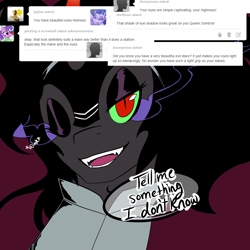 Size: 1000x1000 | Tagged: safe, artist:mylittlesheepy, derpibooru import, king sombra, queen umbra, pony, unicorn, ask, askmaresombra, dialogue, rule 63, solo, tumblr, wink