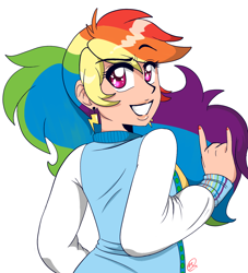 Size: 1250x1375 | Tagged: safe, artist:sweetsismagic, derpibooru import, rainbow dash, human, devil horn (gesture), humanized, solo