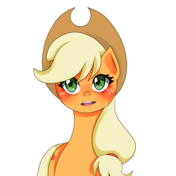 Size: 1420x1420 | Tagged: safe, artist:cl, applejack, earth pony, pony, blushing, looking at you, pixiv, simple background, solo, white background