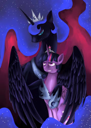 Size: 1024x1434 | Tagged: safe, artist:muslipepito, derpibooru import, nightmare moon, twilight sparkle, twilight sparkle (alicorn), alicorn, pony, bad end, bad touch, crying, grin, heightmare moon, hug, molestation, nervous, sad, sitting, size difference, smiling, winghug