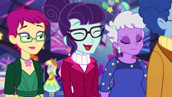 Size: 1280x720 | Tagged: safe, screencap, derpy hooves, rosette nebula, equestria girls, equestria girls series, twilight under the stars, spoiler:eqg series (season 2), background human, dax cobalt, female, glasses, grassy knoll (character), male, offscreen character