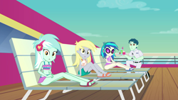 Size: 1920x1080 | Tagged: safe, screencap, derpy hooves, dj pon-3, lyra heartstrings, vinyl scratch, better together, equestria girls, spring breakdown, background human, belly button, bikini, clothes, midriff, swimsuit