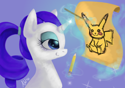 Size: 1000x700 | Tagged: safe, artist:aba-kadabra, rarity, pikachu, pony, unicorn, alternate hairstyle, drawing, magic, paintbrush, pencil, pokémon, ponytail